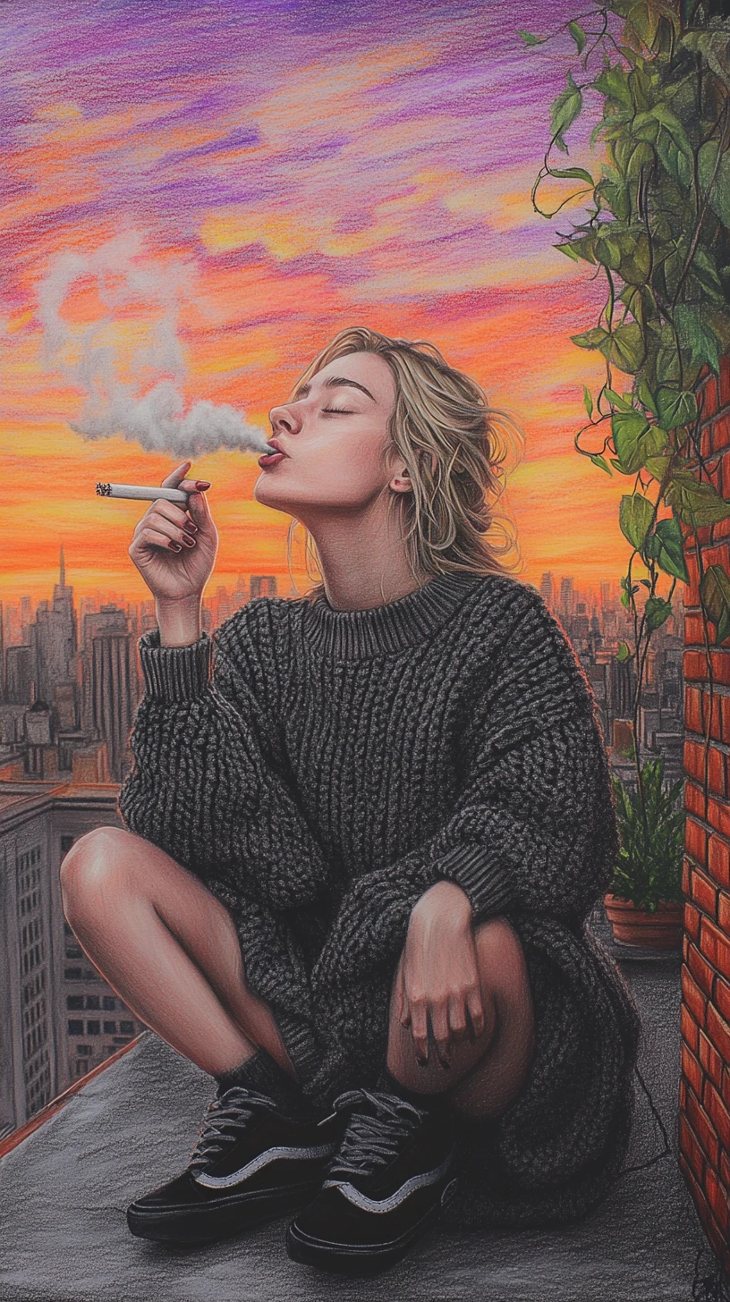 Young woman smoking on a city rooftop at sunset