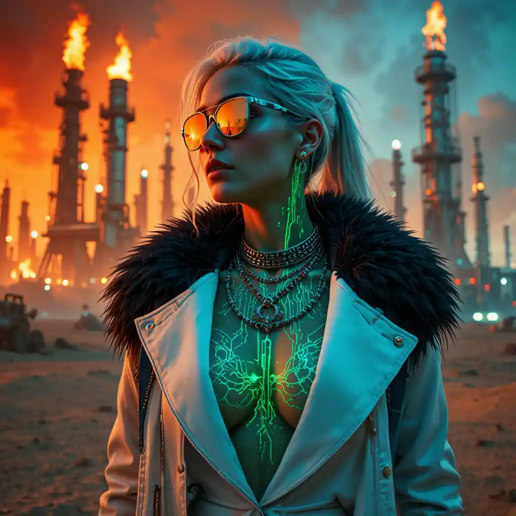 Furchtlose Cyberpunk-Frau in brennender Industrie aus nächster Nähe