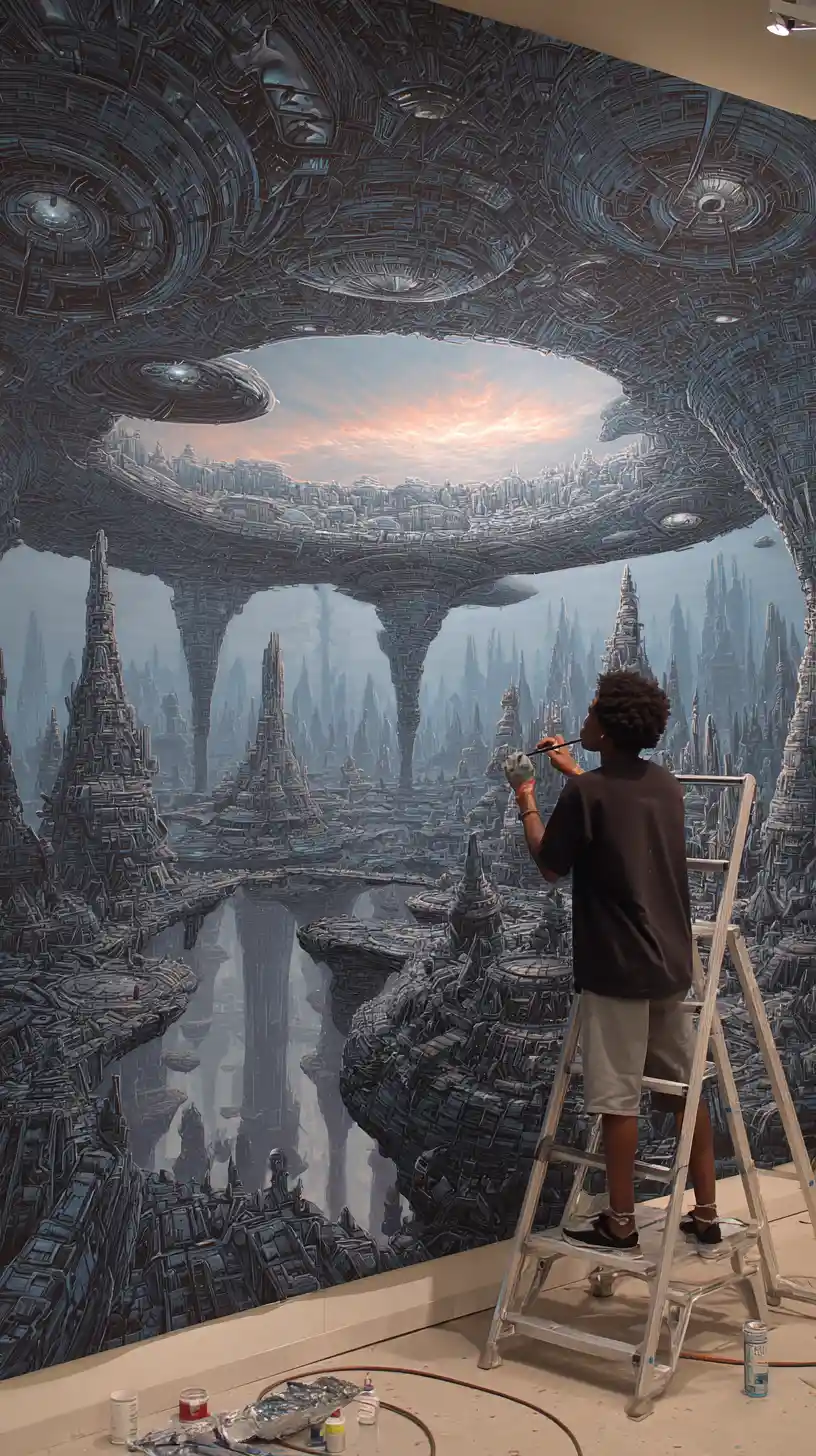 Black artist painting a surreal mural in art gallery