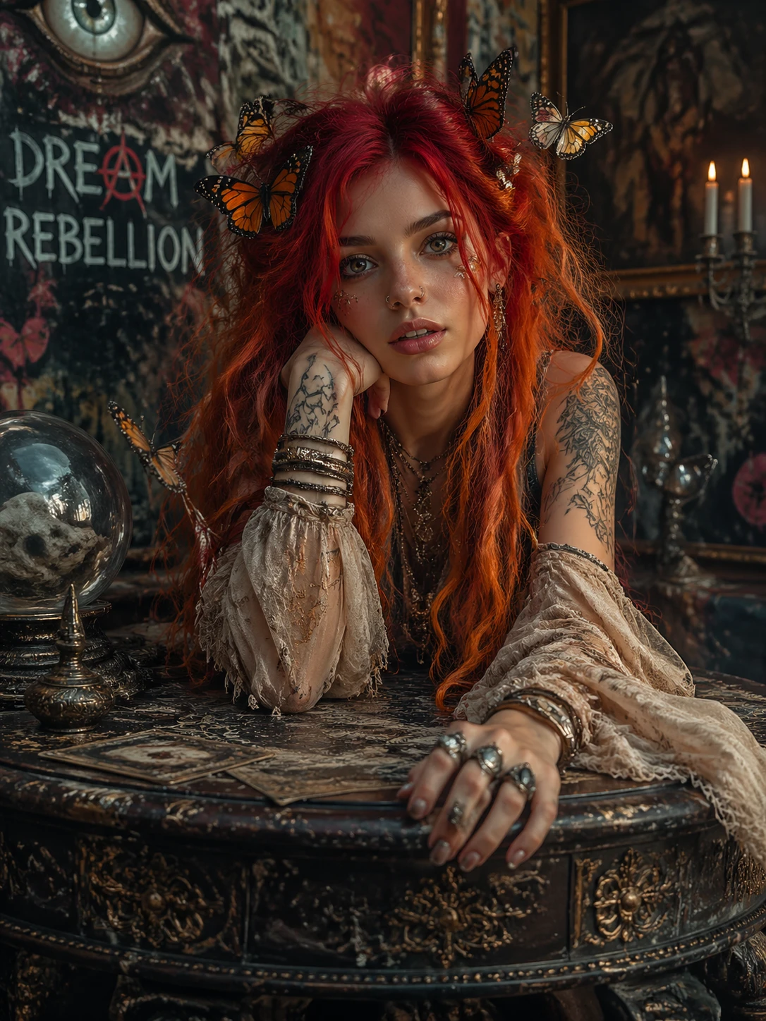 Donna bohemien dai capelli fiammeggianti appoggiata a un tavolo mistico decorato