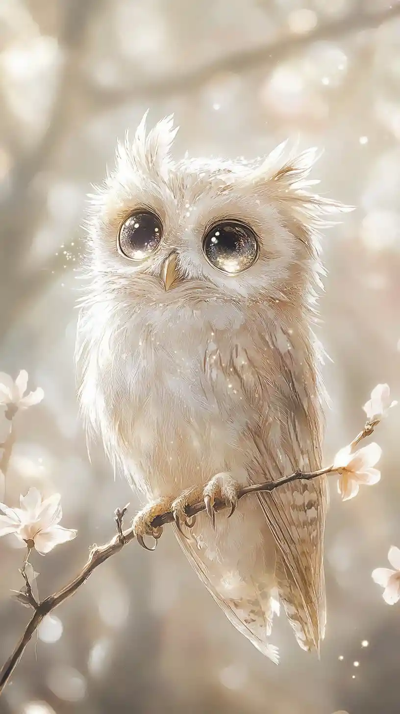 Small luminous eyed owl in a dreamy fantasy forest
