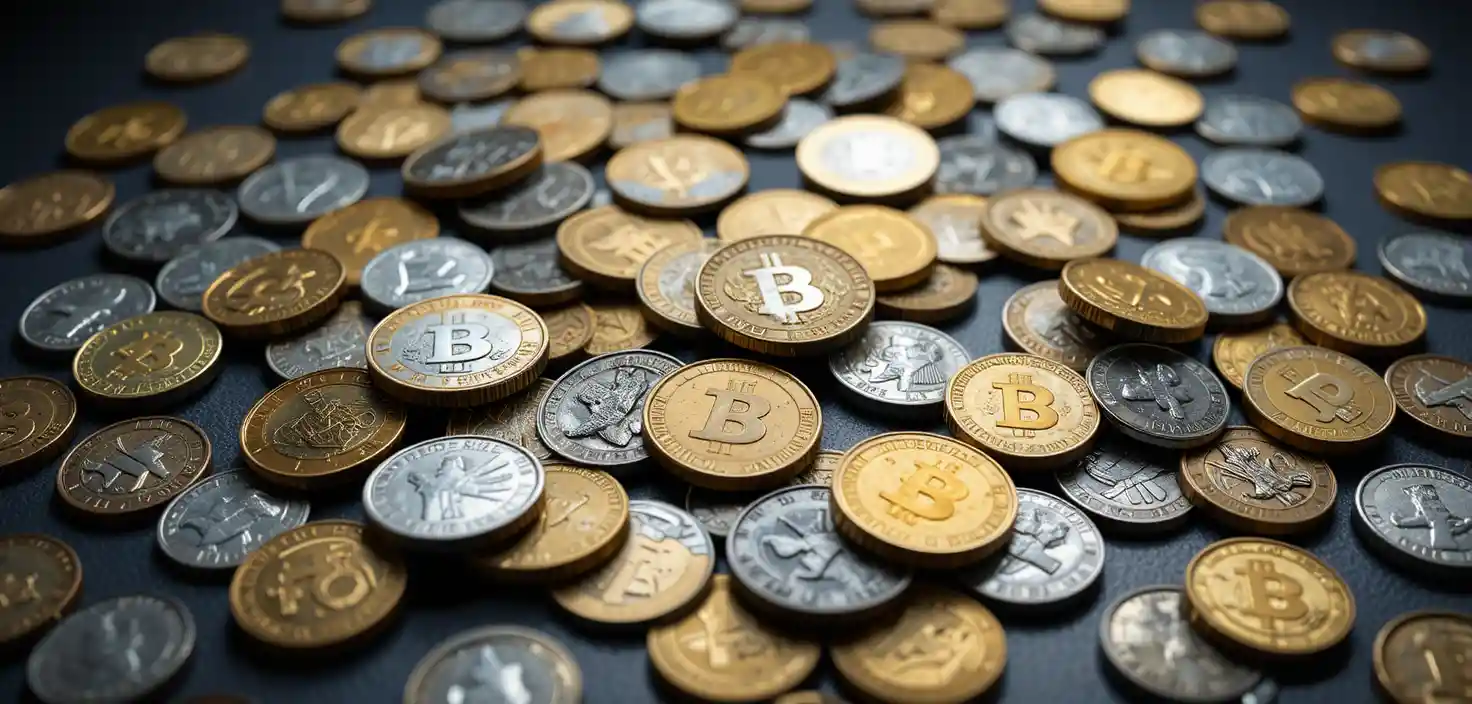 Pile of mixed gold and silver coins on dark background