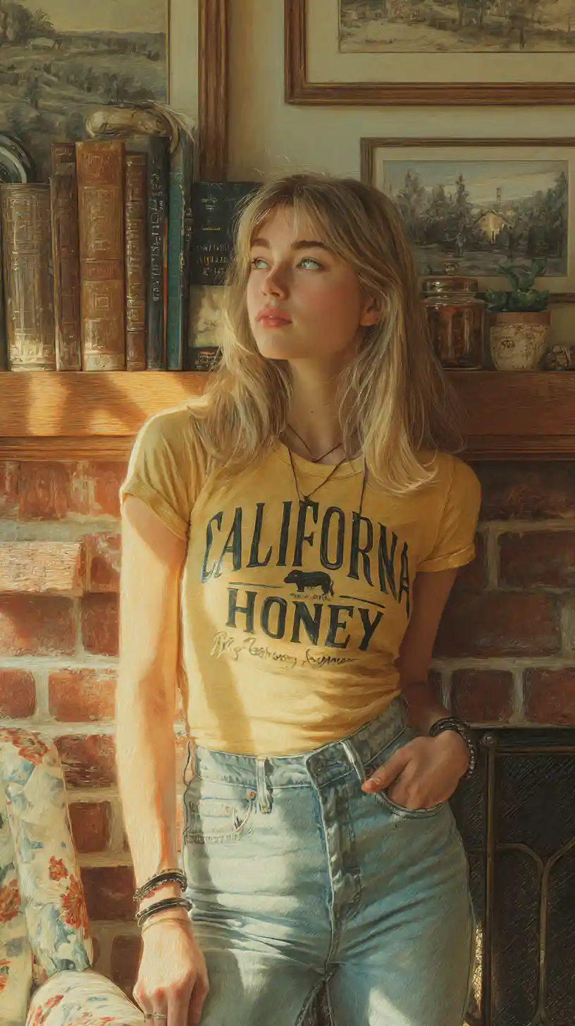 Dreamy blonde girl in yellow shirt by wooden bookshelf