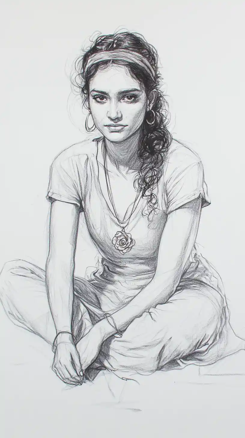 Figure drawing of a seated young woman in relaxed pose