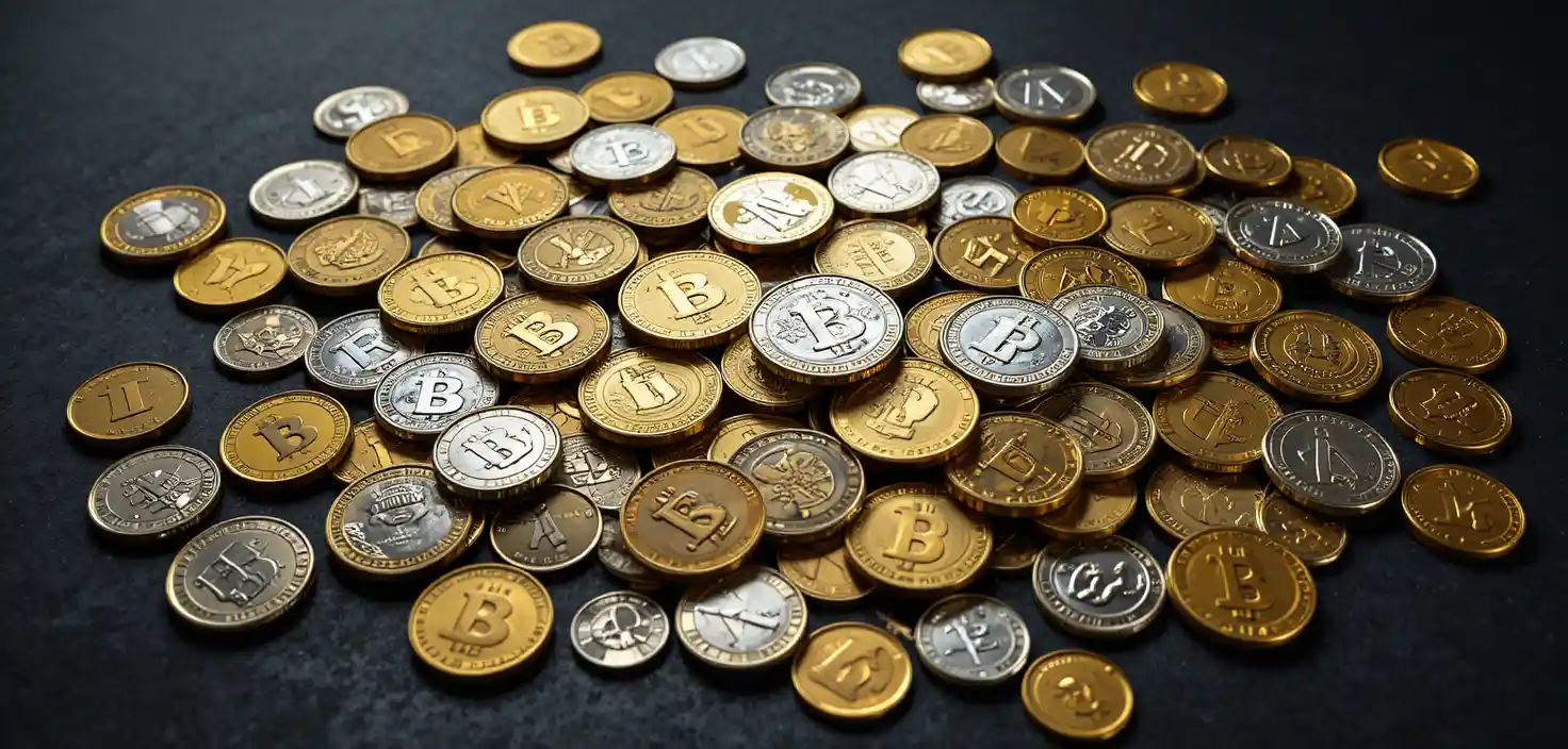 Scattered gold and silver coins on a dark surface