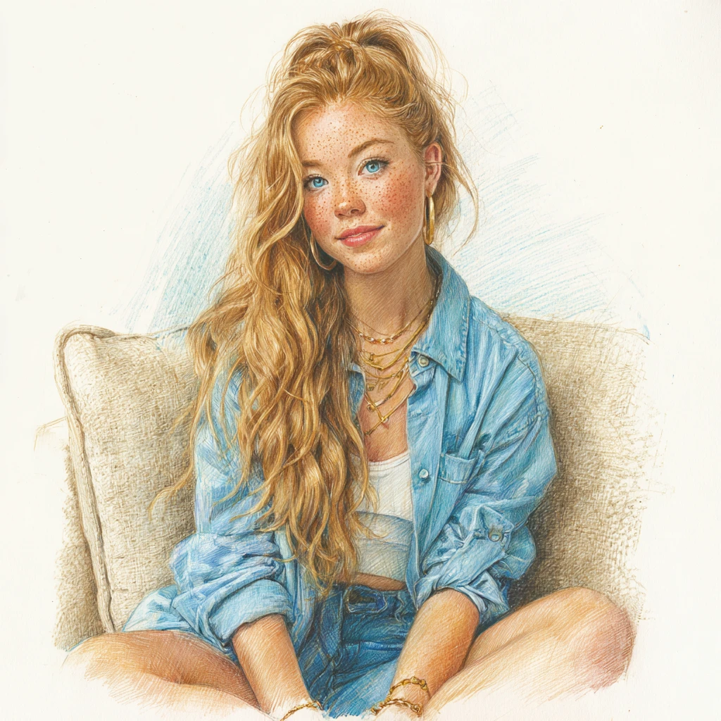 Cozy colored pencil portrait of a relaxed freckled girl