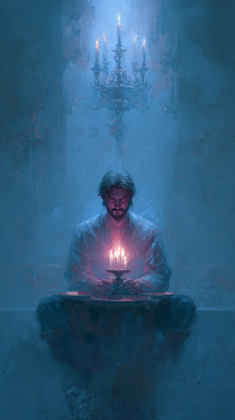 Single lit candle glowing in a dark empty space