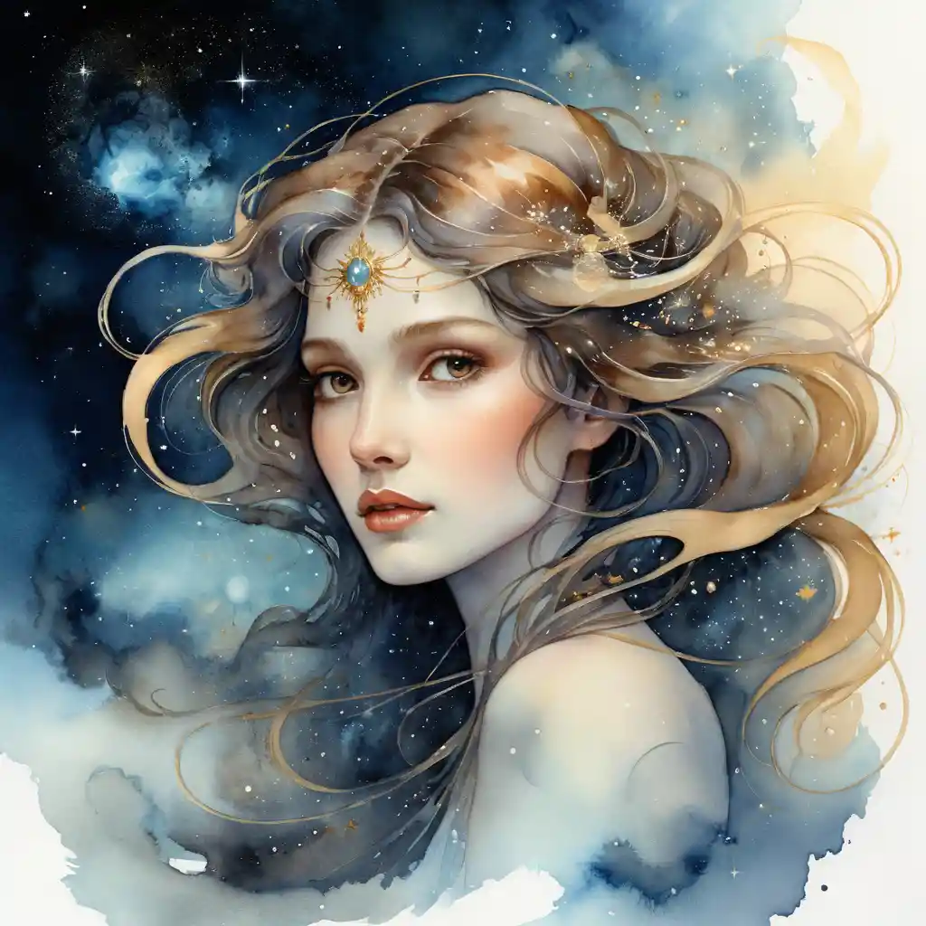 Mystical glowing woman amid swirling cosmic dust and nebulae