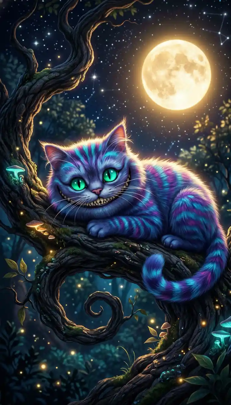 Blue Cheshire cat lounging on a twisted tree under moonlight