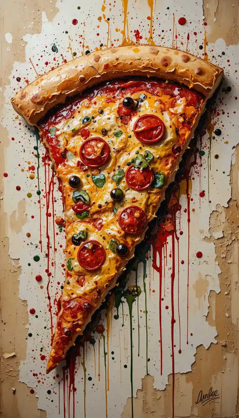 Colorful abstract painting of a single textured pizza slice