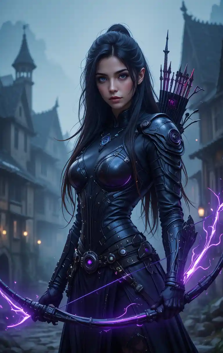 Fierce female archer with glowing purple bow in misty village