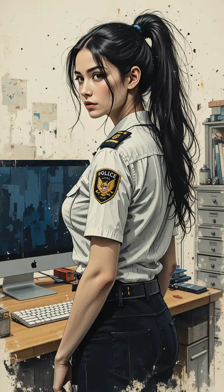 Italian policewoman standing in her office by the desk