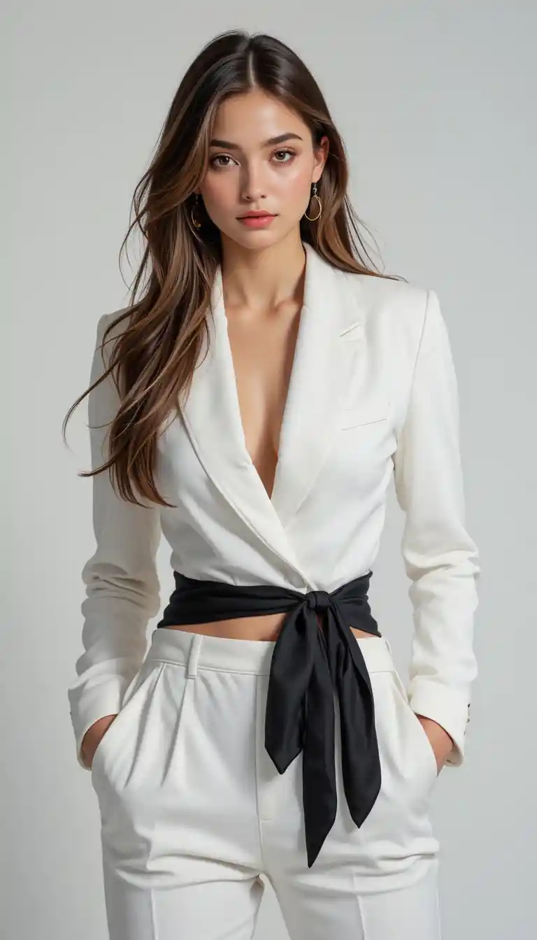 Confident woman in white pantsuit in minimalist studio