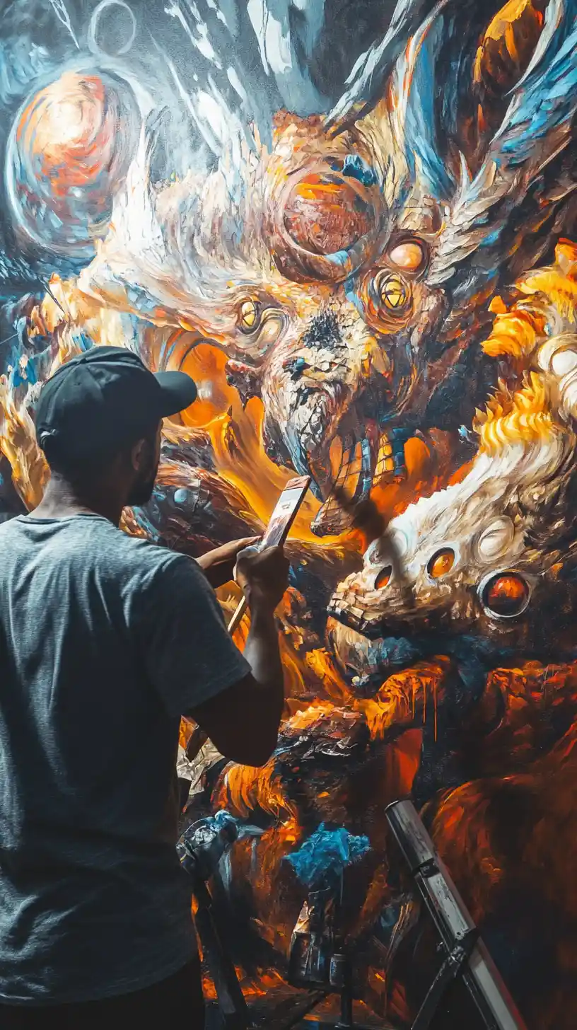 Artista nero che dipinge un murale surreale in una galleria futuristica