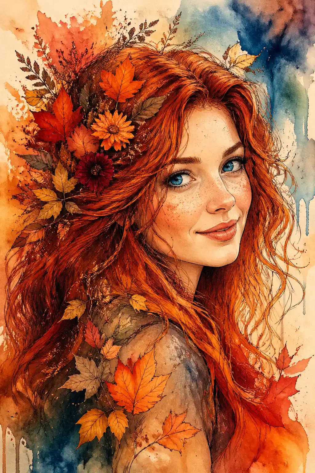Colorful ink and watercolor portrait of a woman with flowers