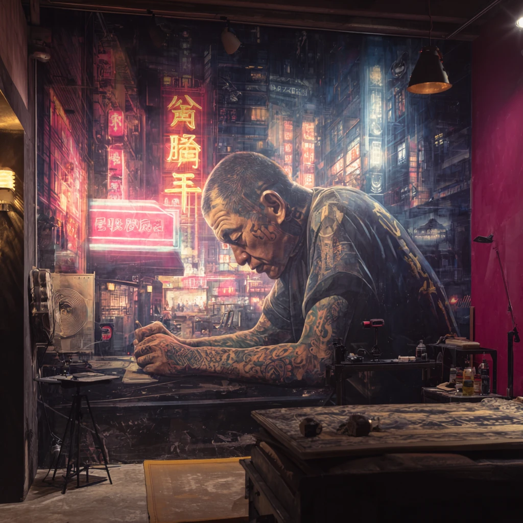 Gangster Getting Tattooed In Futuristic Chinese Tattoo Studio