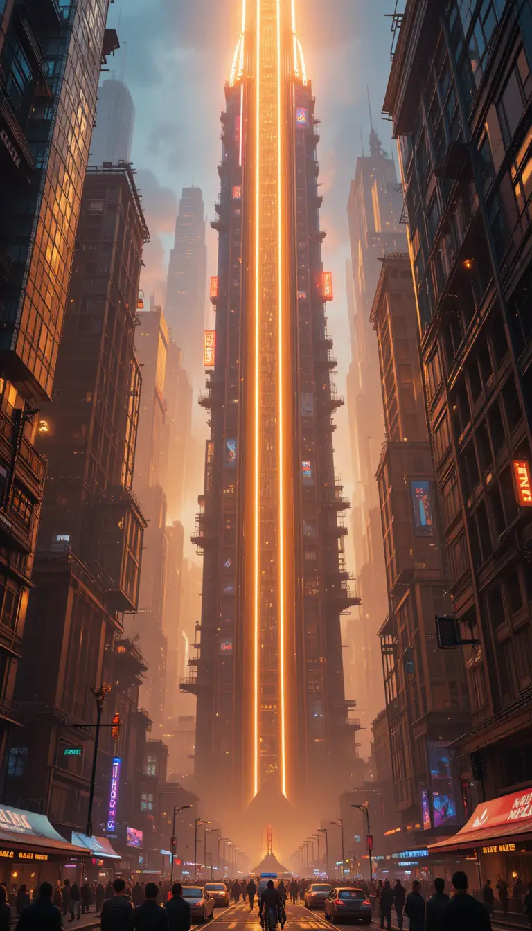 Paesaggio Urbano Futuristico in CGI con Raggi al Neon e Grattacieli