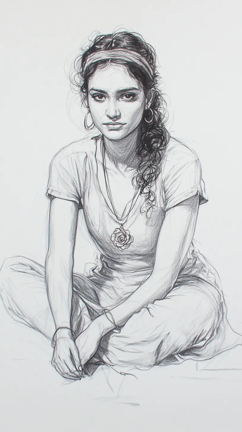 Figure drawing of a seated young woman in relaxed pose