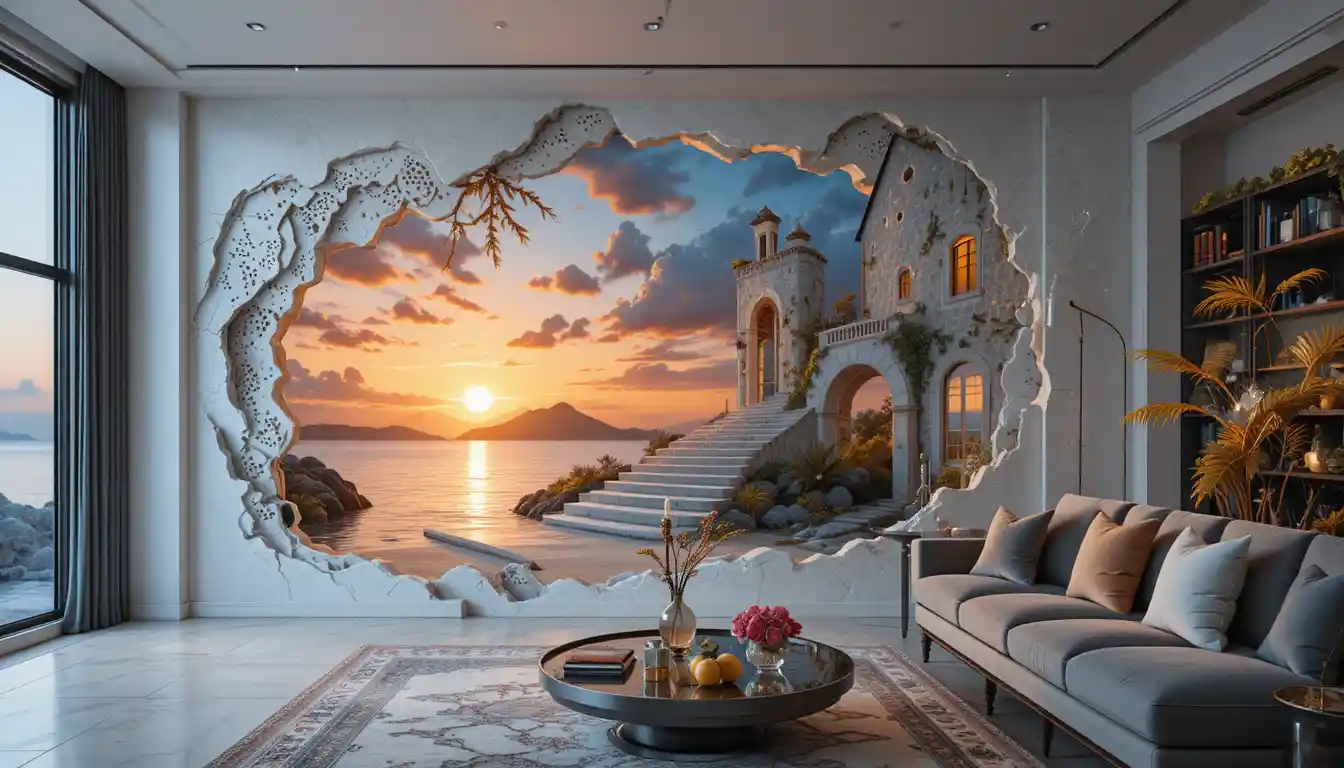 Luxurious modern living room with surreal landscape wall art
