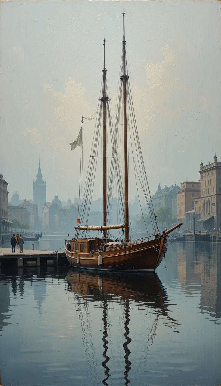 Oil painting of a sailboat in a calm city harbor