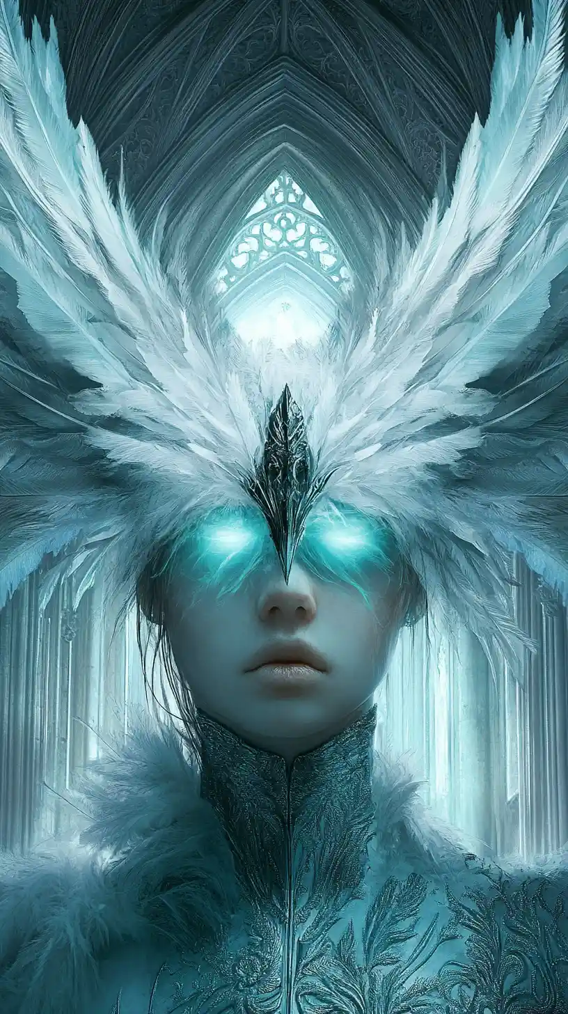 Angelic figure with veiled eyes in a gothic cathedral
