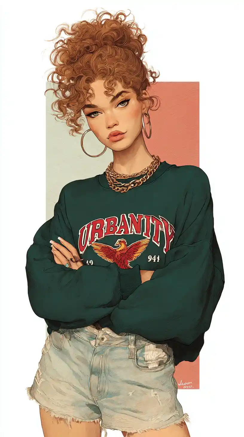 Confident woman in vintage college sweatshirt fashion illustration