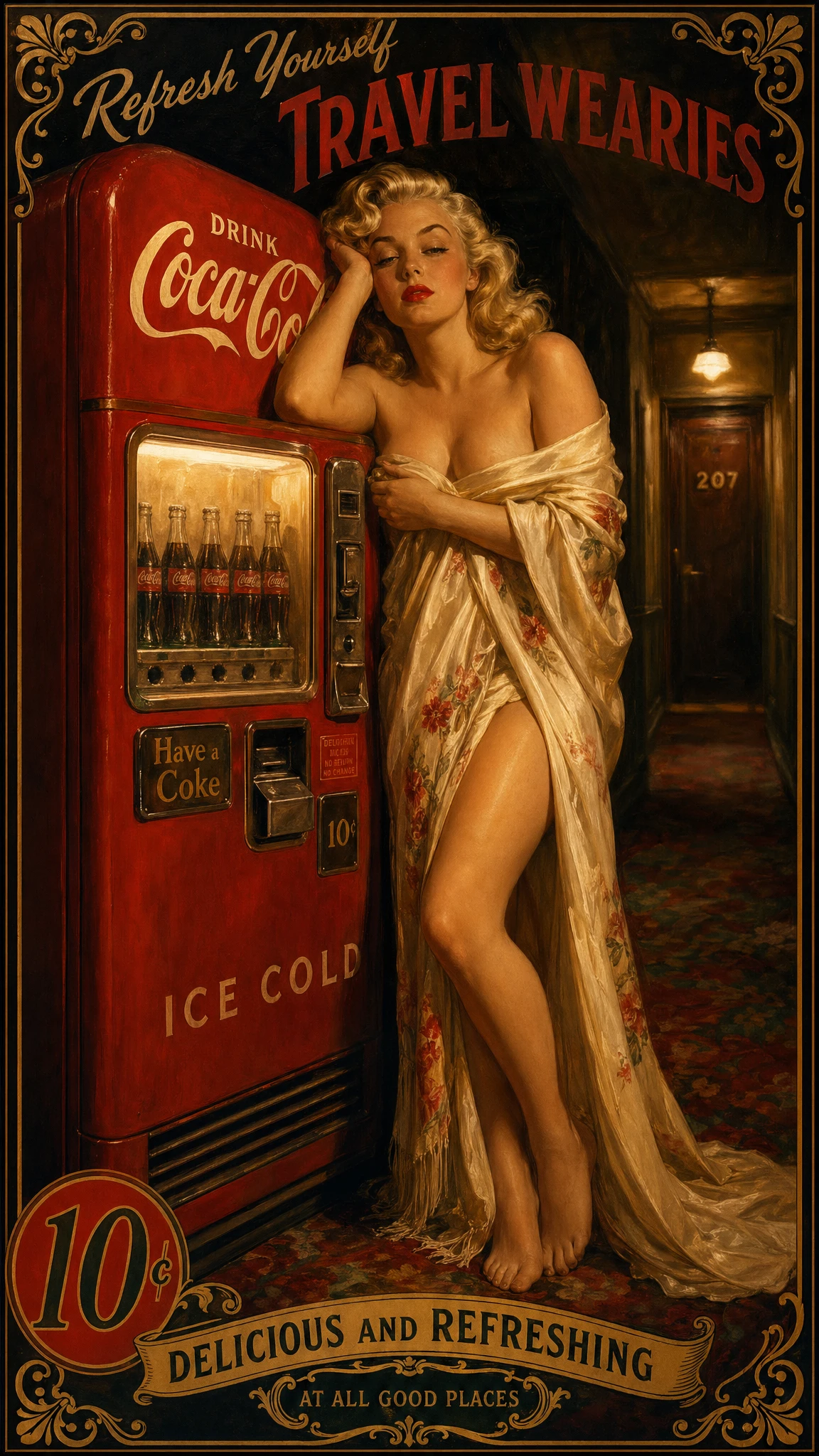 Blonde woman by glowing vintage vending machine in corridor
