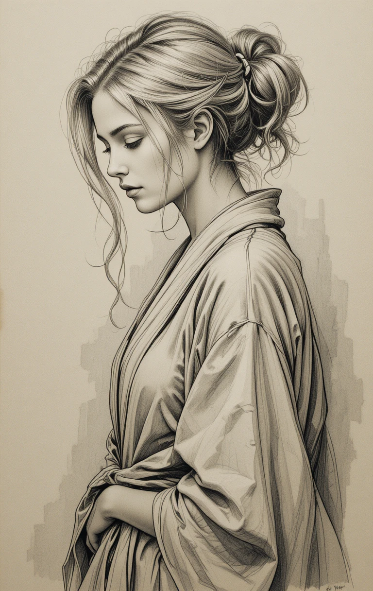 Melancholic side profile pencil portrait of a young woman