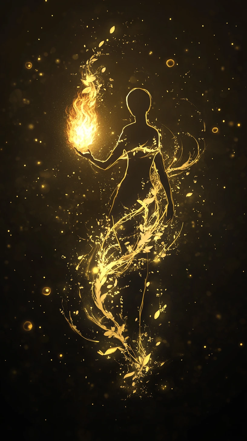 Figura in silhouette luminosa che regge una fiamma di luce fluttuante