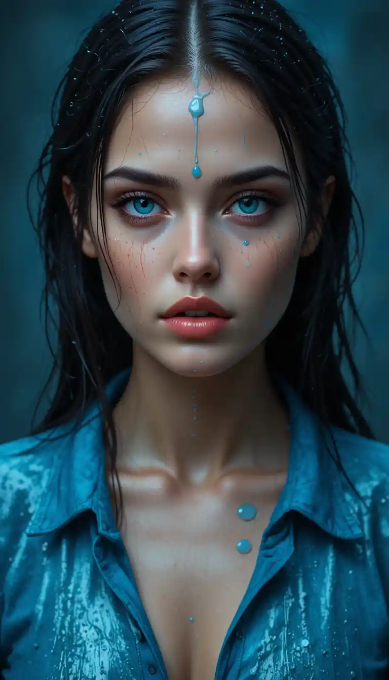 Young woman with blue eyes and wet hair in close up