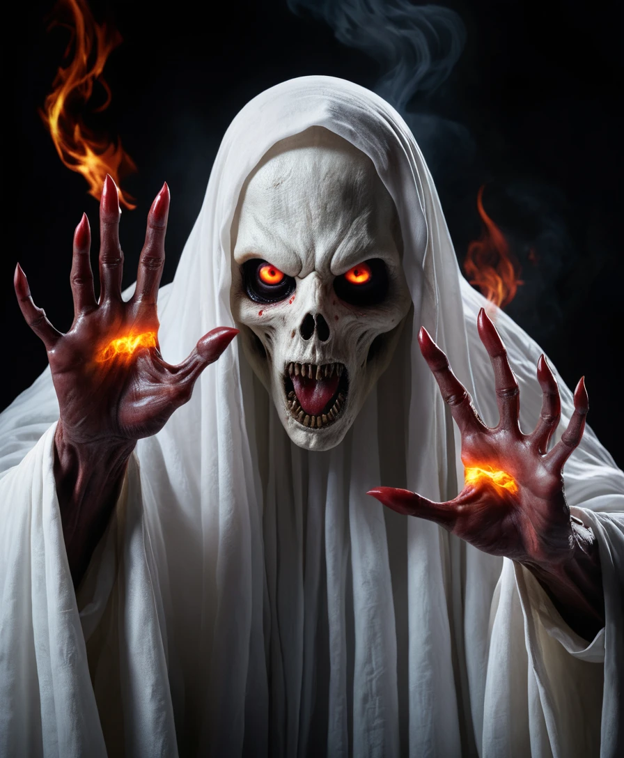Terrifying ghostly specter with burning red eyes and claws