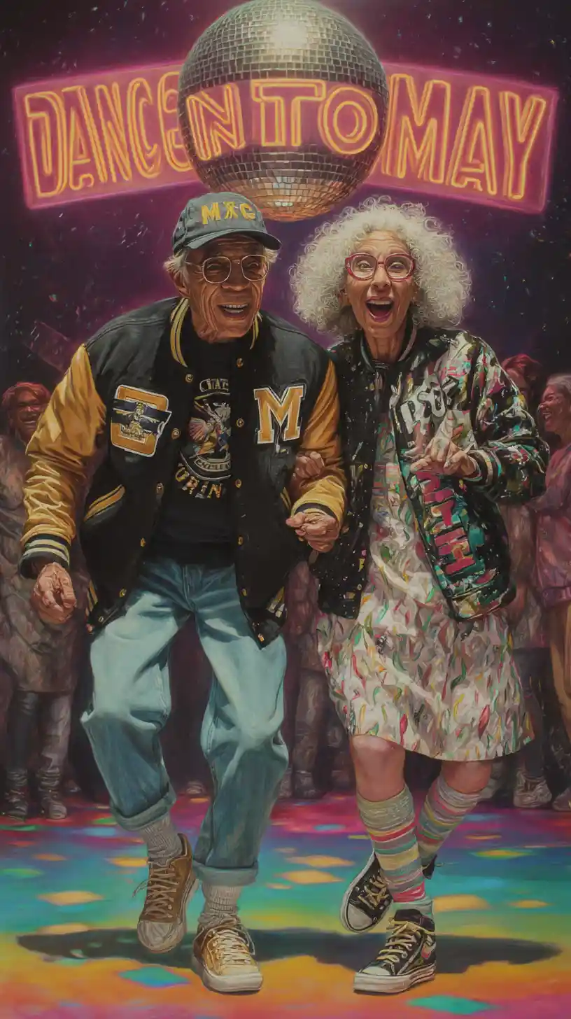 Older couple dancing under neon disco lights