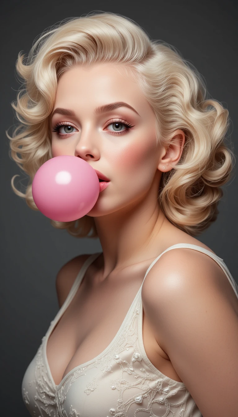 Glamorous blonde woman blowing pink bubblegum portrait