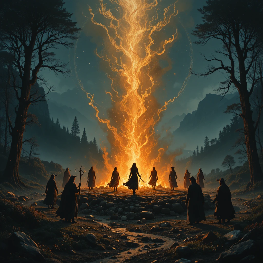 Witches dancing around a ritual fire in an enchanted forest