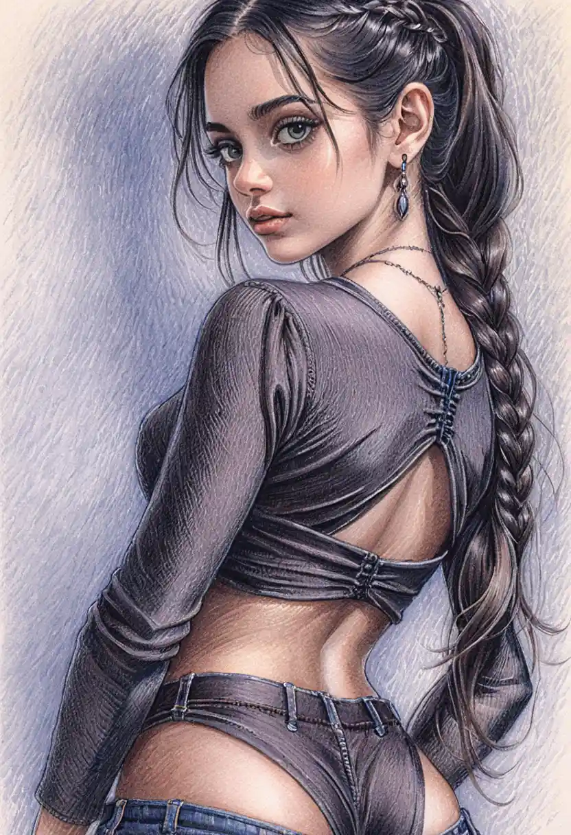 Stylish girl turning back with luminous grey green eyes