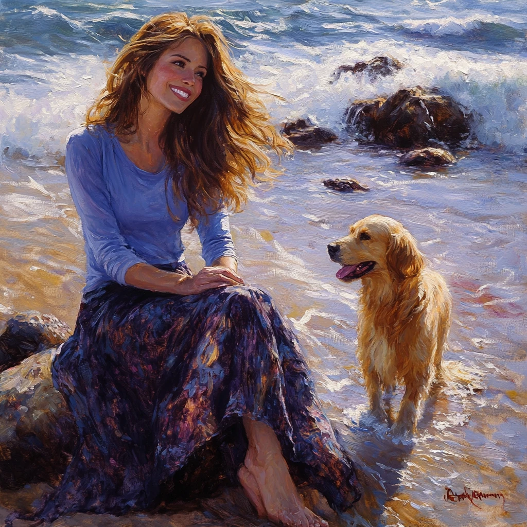 Mujer en costa rocosa con perro en pintura de playa al impasto
