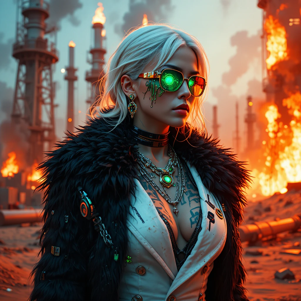 Femme fatale in cyberpunk refinery extreme close up portrait