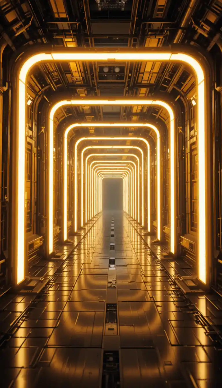 Glowing geometric tunnel of golden sci fi structures