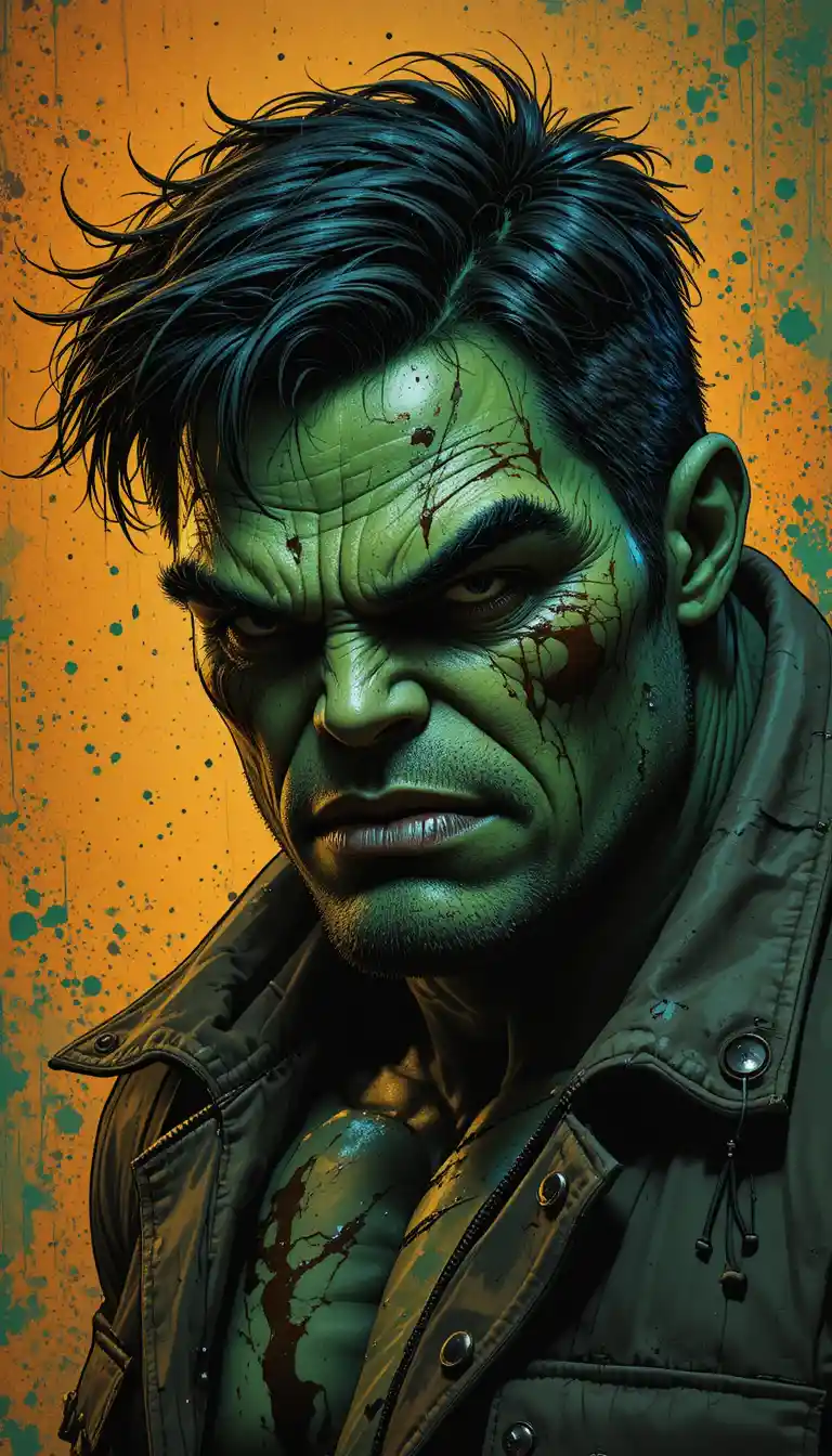 Bruised green superhero portrait in gritty digital style