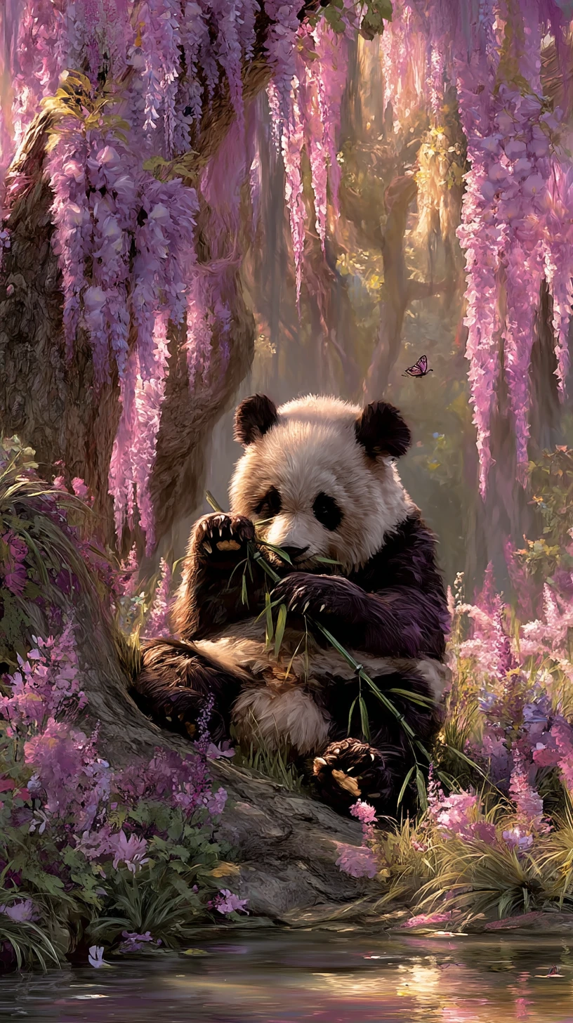 Panda Eating Bamboo Beneath A Blossoming Summer Tree