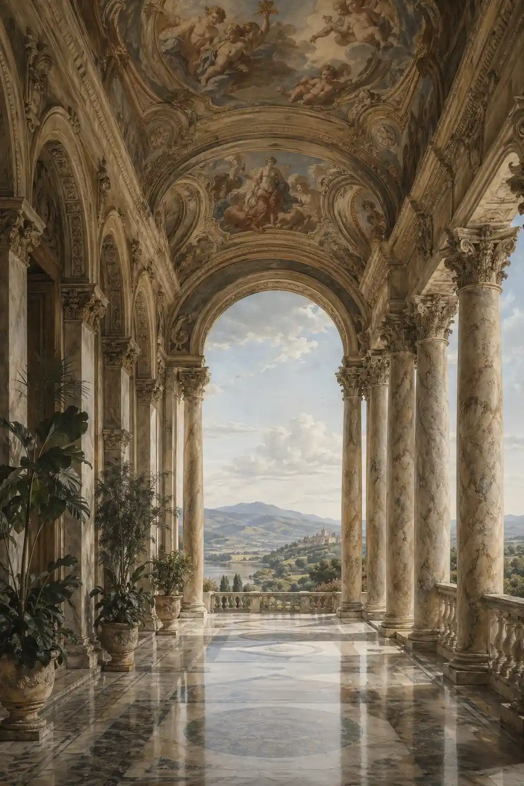 Classical marble arcade opening onto a distant rolling landscape