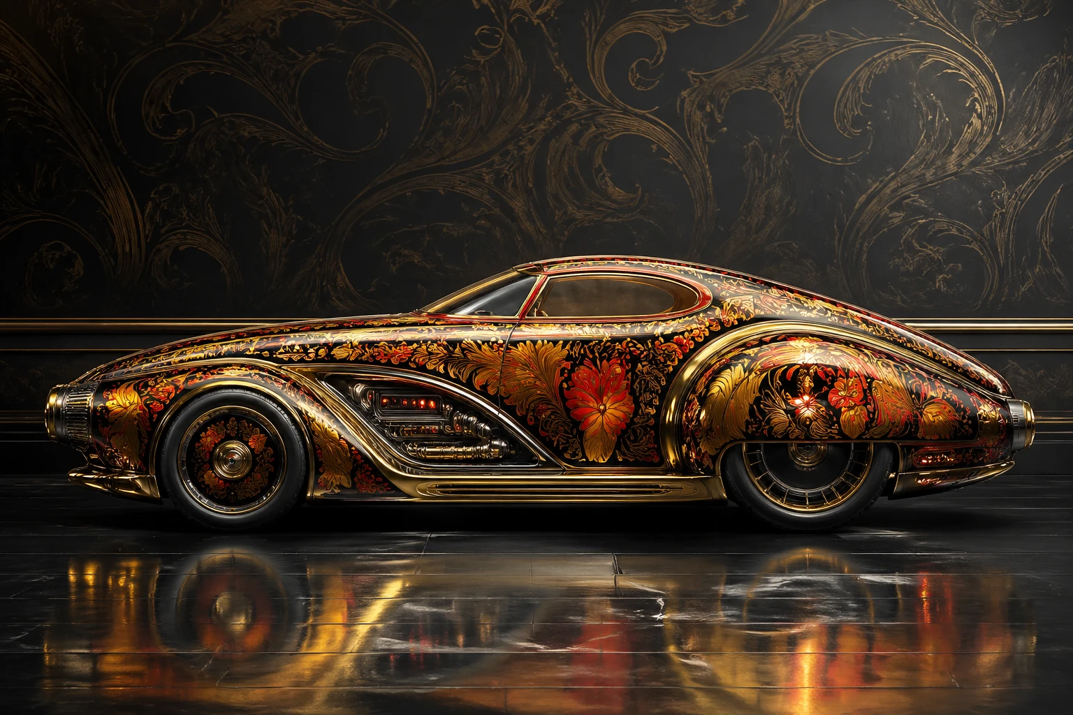 Retrofuturistic car in ornate khokhloma inspired illustration