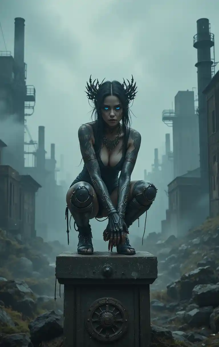 Armored warrior woman with glowing blue eyes on stone pedestal