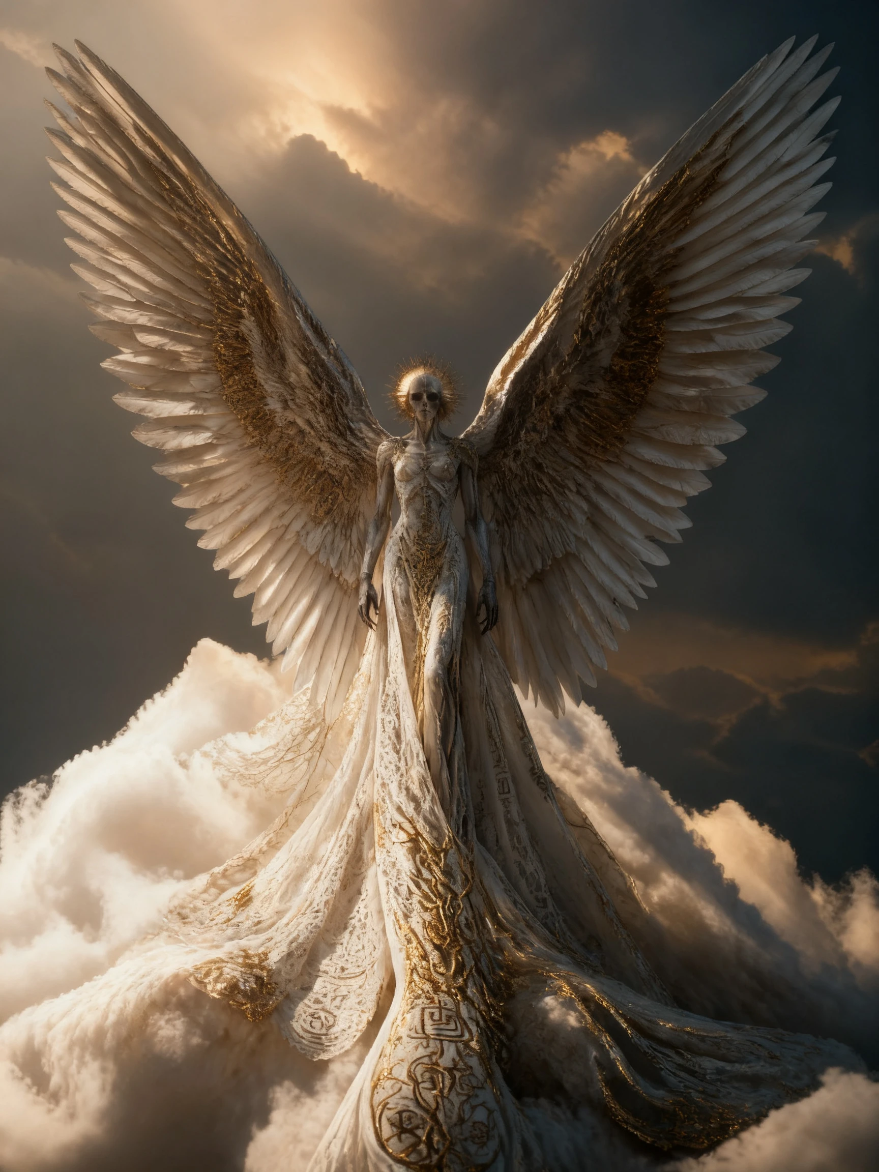 Mujer ángel surrealista de pie sobre una vasta nube blanca