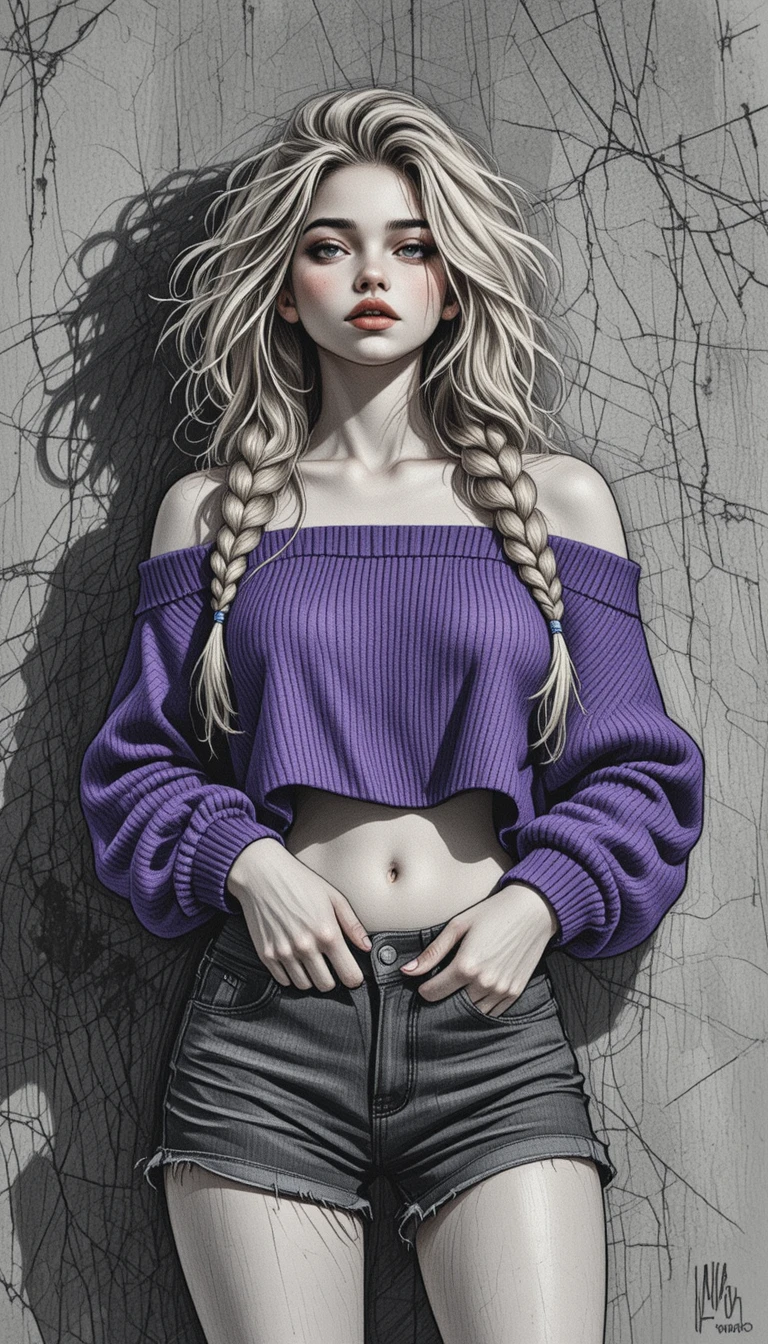 Moody pencil portrait of a braided blonde girl in sweater
