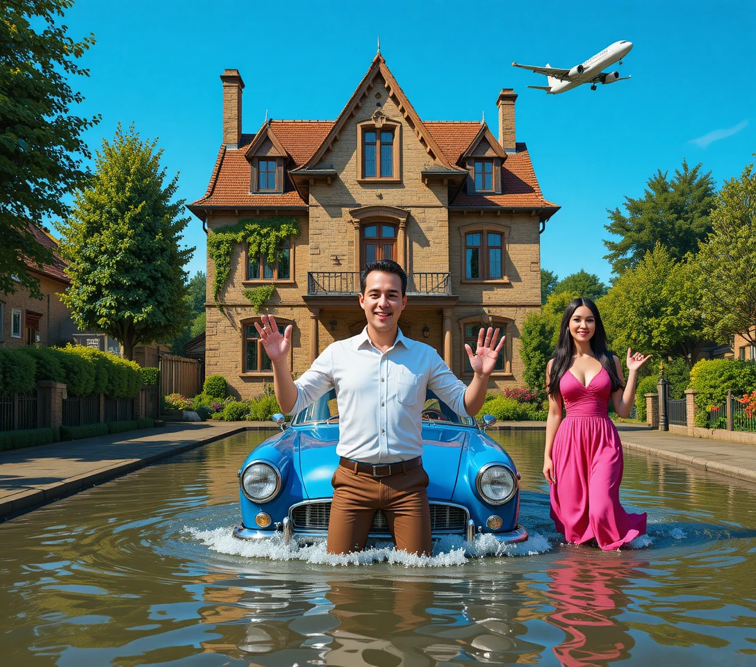 Surreal flooded suburban street with tudor house and couple