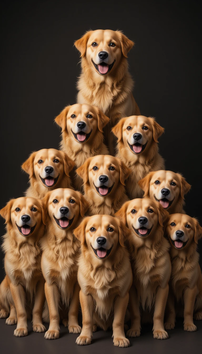 Nine golden dogs arranged in a playful pyramid formation