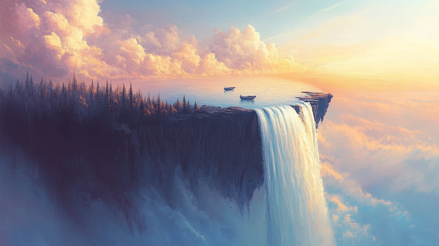 Surreal lake waterfall spilling into an endless void
