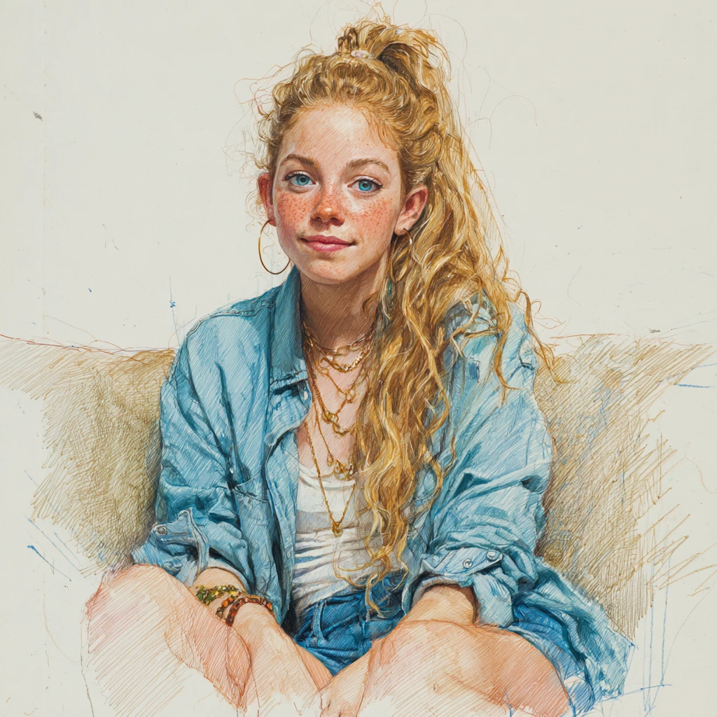 Freckled girl in denim sitting on a cozy armchair