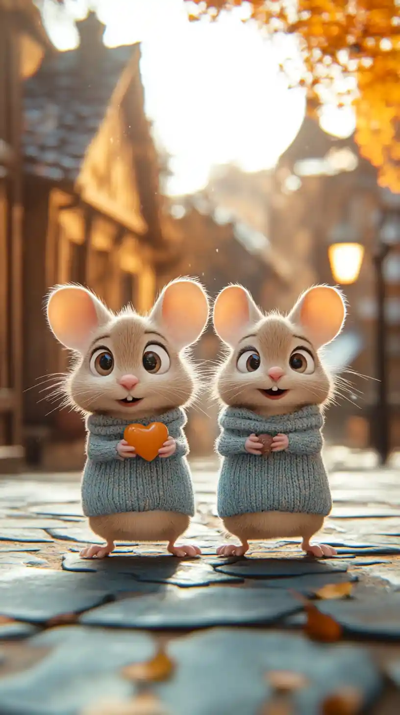 Three cozy cartoon mice sharing hearts in autumn village